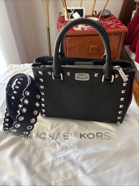 Michael Kors Black Studded Saffiano Satchel with Grommet Crossbody Strap